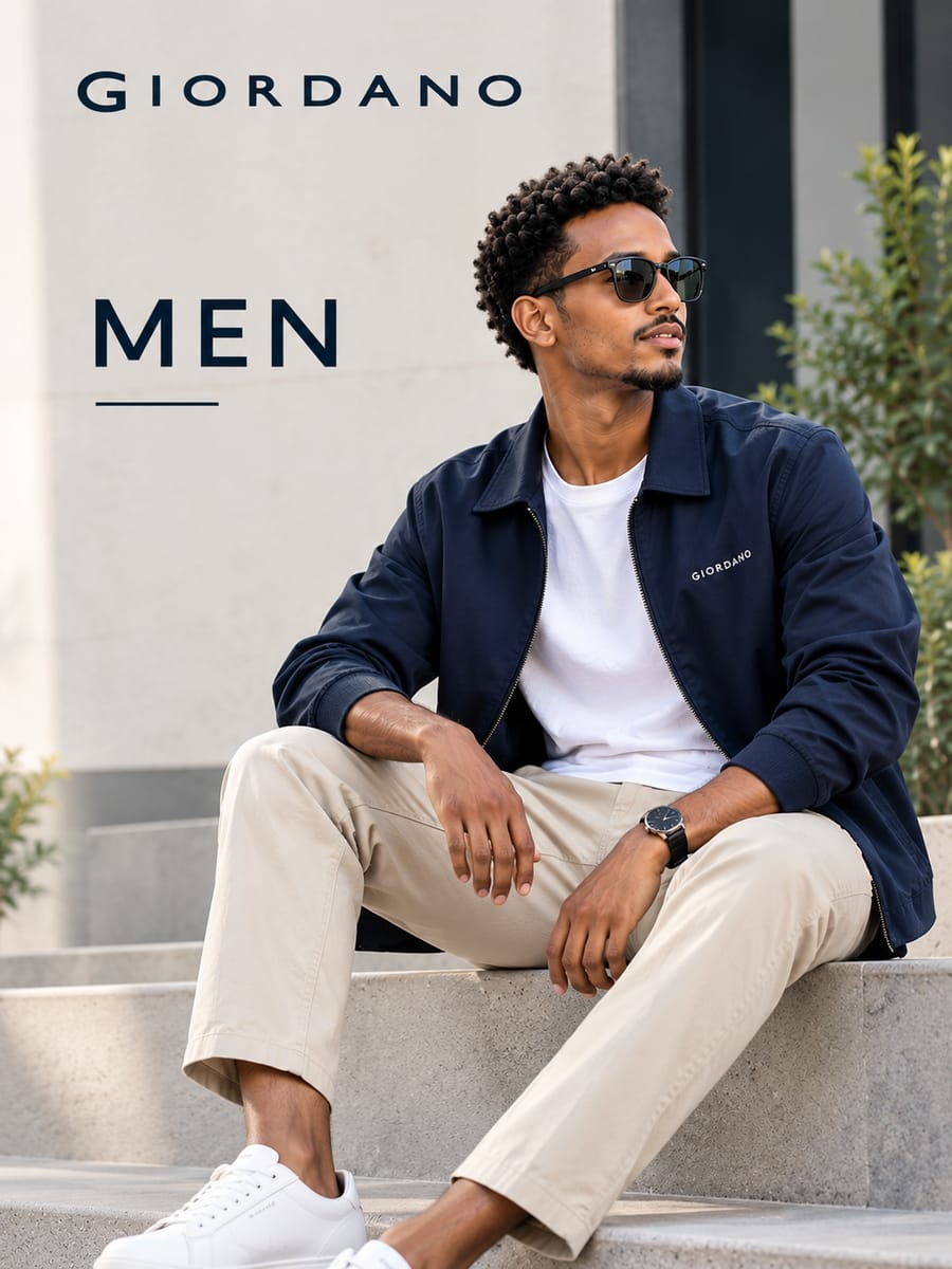 Giordano Men – man in a navy Giordano jacket, white T-shirt and beige chinos