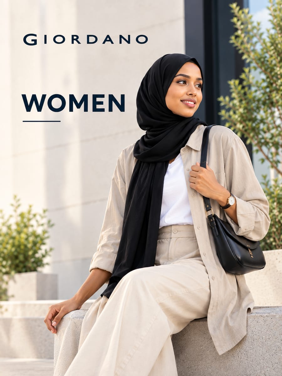 Giordano Women – woman in a black headscarf, beige linen shirt and wide trousers